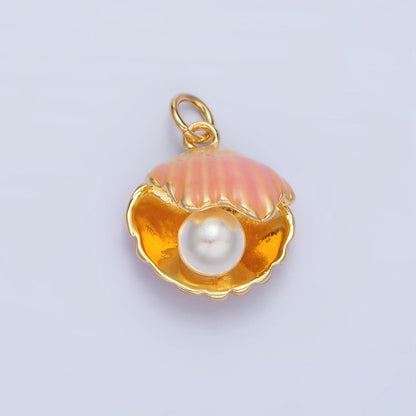24K Gold Filled Pink, Purple Enamel Clam Sea Shell Pearl Charm | X610