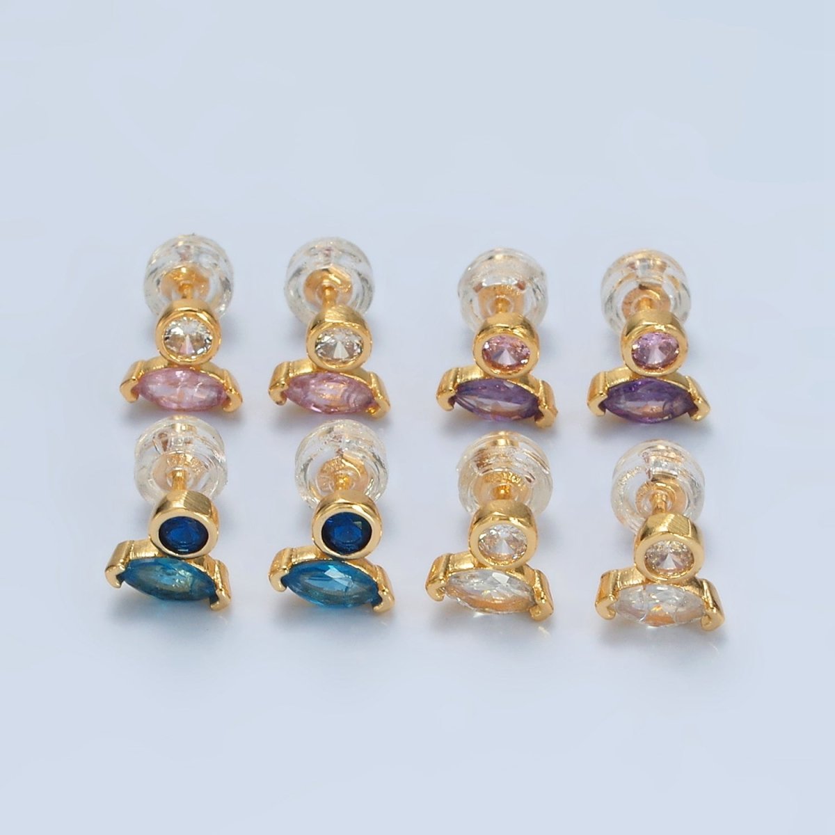24K Gold Filled Pink, Purple, Green, Clear Marquise Round CZ Stud Earrings | AB1236 - AB1239