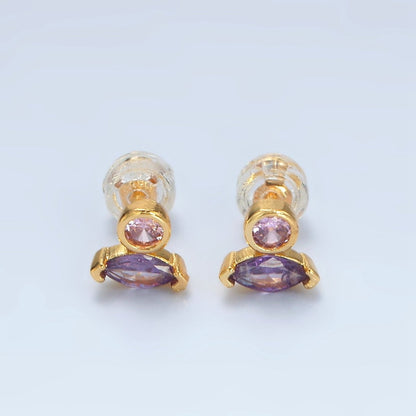 24K Gold Filled Pink, Purple, Green, Clear Marquise Round CZ Stud Earrings | AB1236 - AB1239