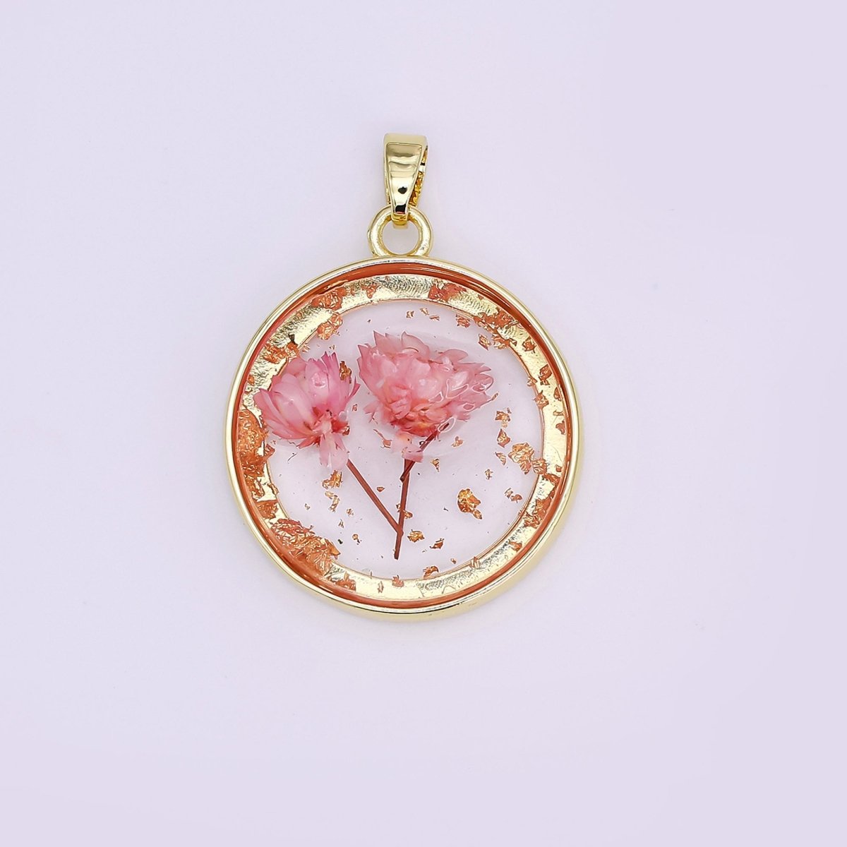 24K Gold Filled Pink Red Rose Flower Acrylic Round Pendant | AA1507