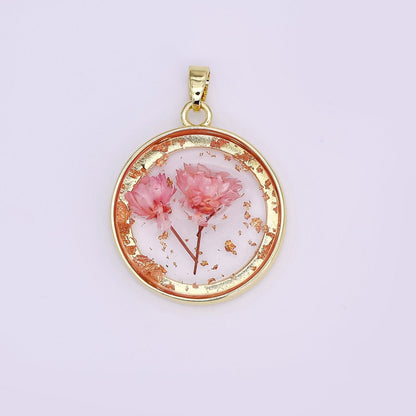 24K Gold Filled Pink Red Rose Flower Acrylic Round Pendant | AA1507
