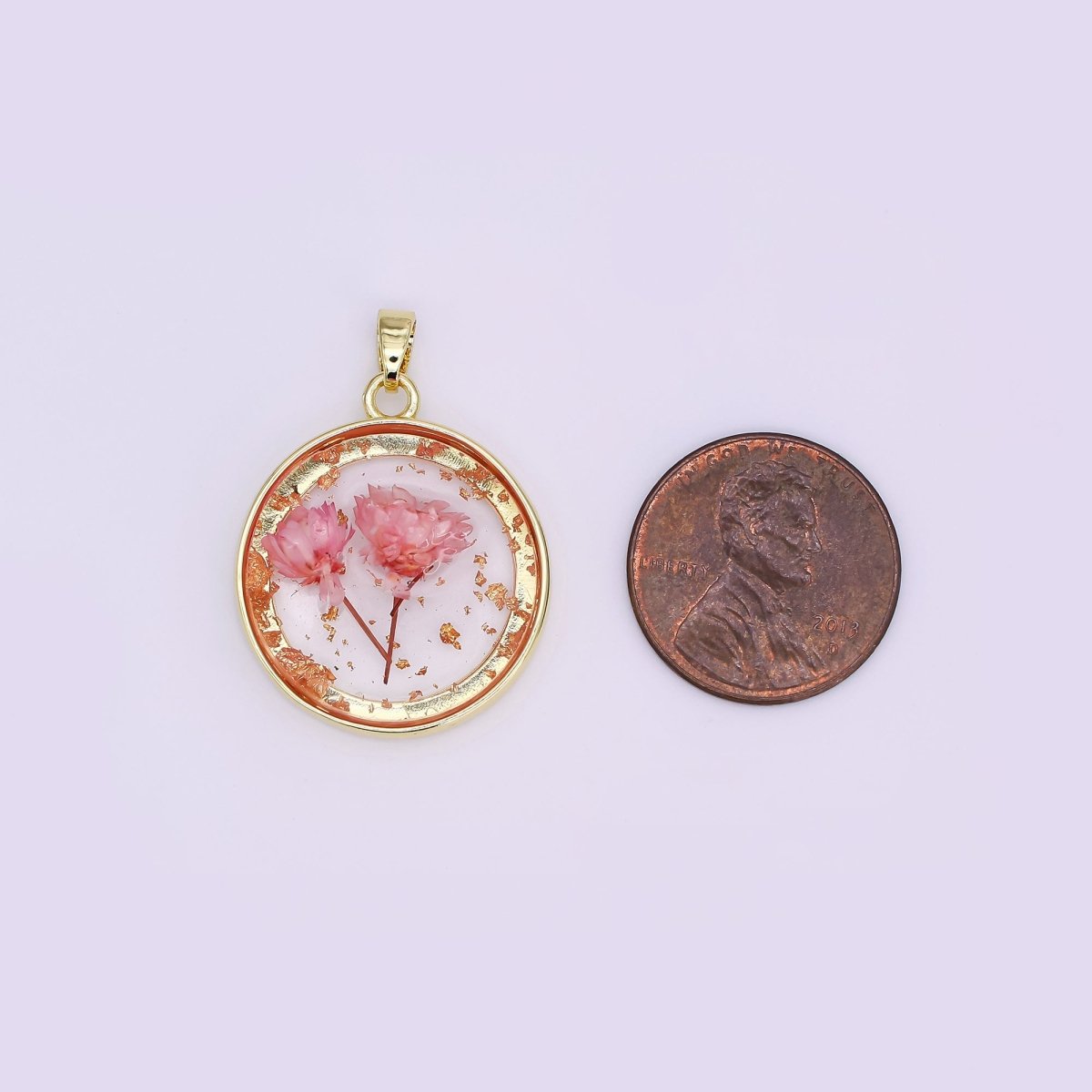 24K Gold Filled Pink Red Rose Flower Acrylic Round Pendant | AA1507