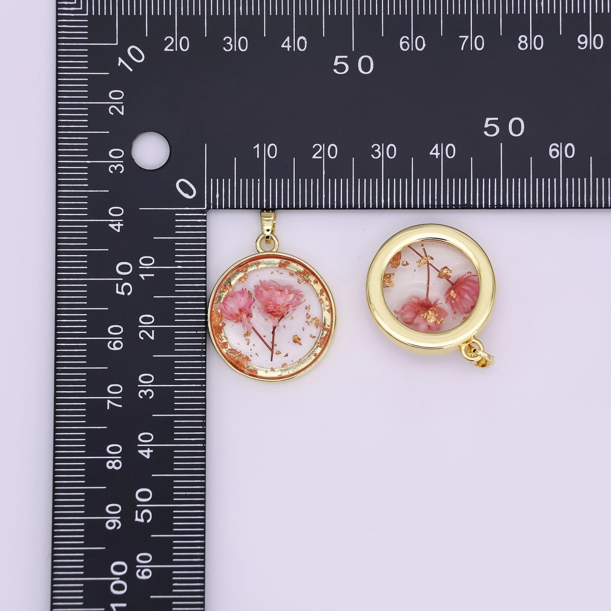 24K Gold Filled Pink Red Rose Flower Acrylic Round Pendant | AA1507