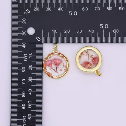 24K Gold Filled Pink Red Rose Flower Acrylic Round Pendant | AA1507