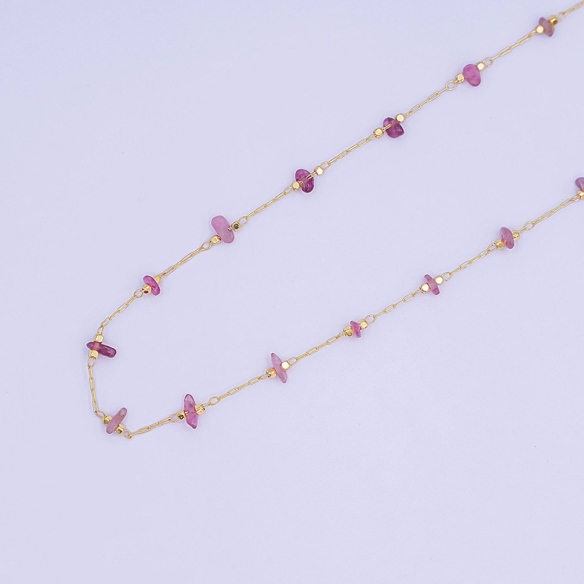 24K Gold Filled Pink Tourmaline Crystal Gemstone Link Unfinished Chain by Yard | Roll-1660