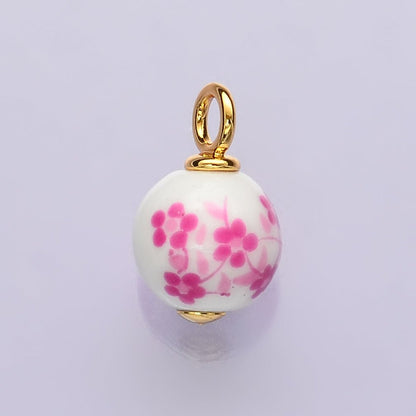 24K Gold Filled Pink Violet Round Ceramic Drop Pendant | C671