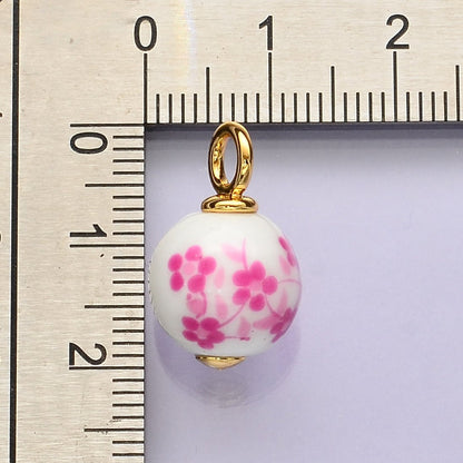 24K Gold Filled Pink Violet Round Ceramic Drop Pendant | C671