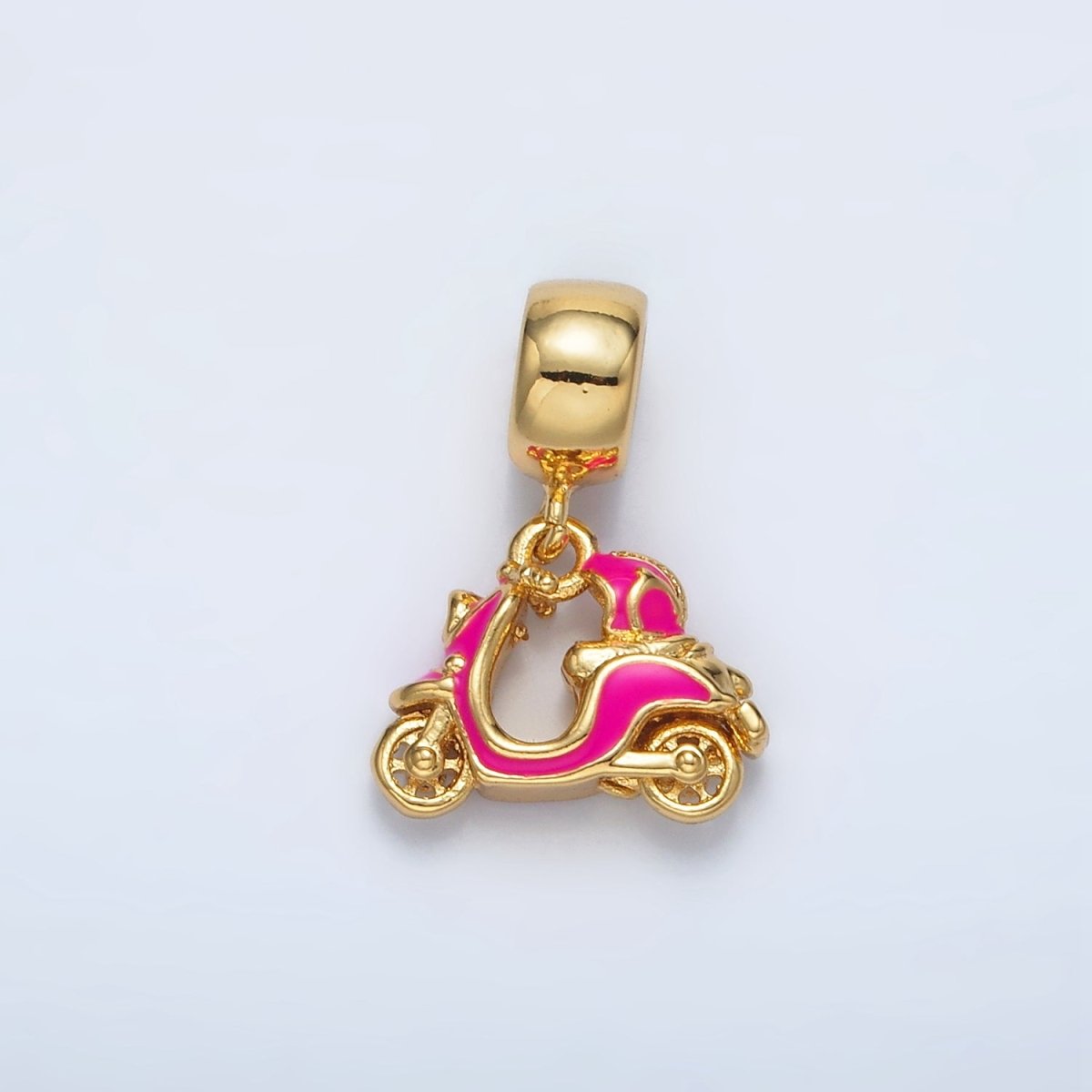 24K Gold Filled Pink, White Enamel Motorbike Scooter Vehicle Rhondelle Bail Drop Pendant | AC095