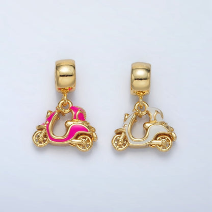 24K Gold Filled Pink, White Enamel Motorbike Scooter Vehicle Rhondelle Bail Drop Pendant | AC095