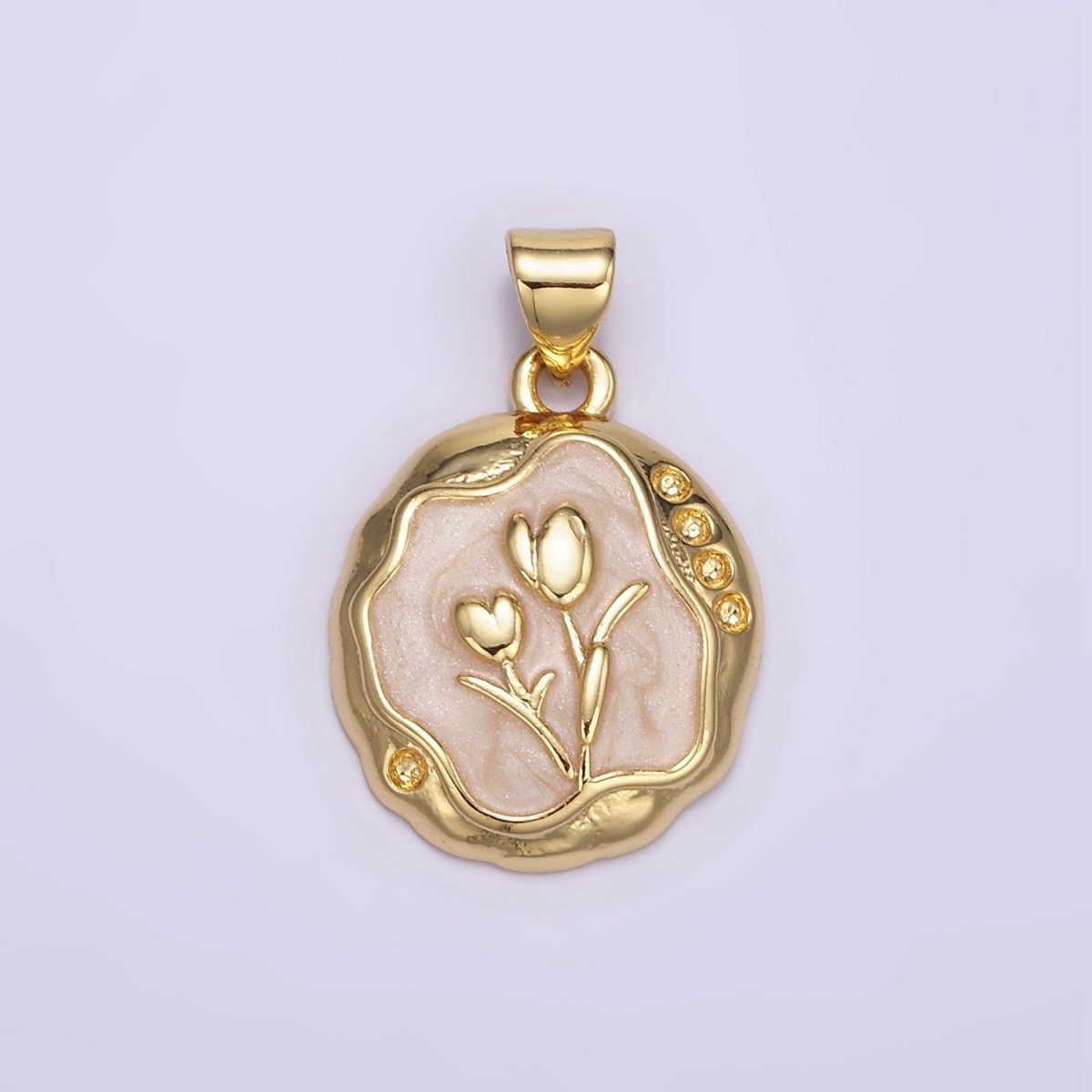 24K Gold Filled Pink, White Glitter Enamel Tulip Hammered Bezel Pendant | AA069