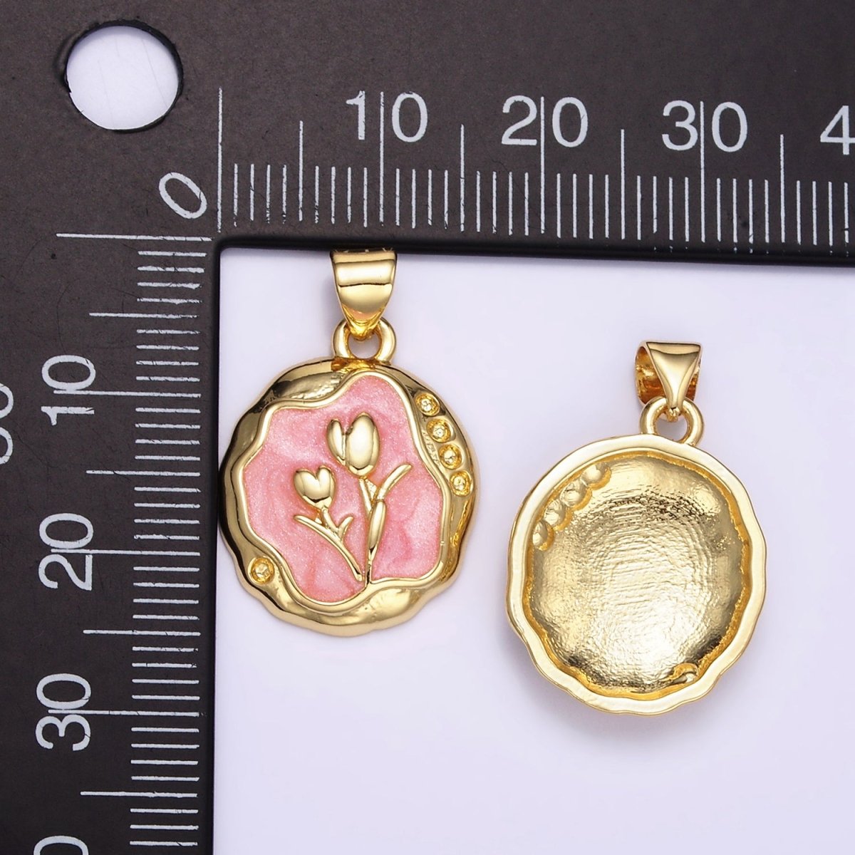 24K Gold Filled Pink, White Glitter Enamel Tulip Hammered Bezel Pendant | AA069