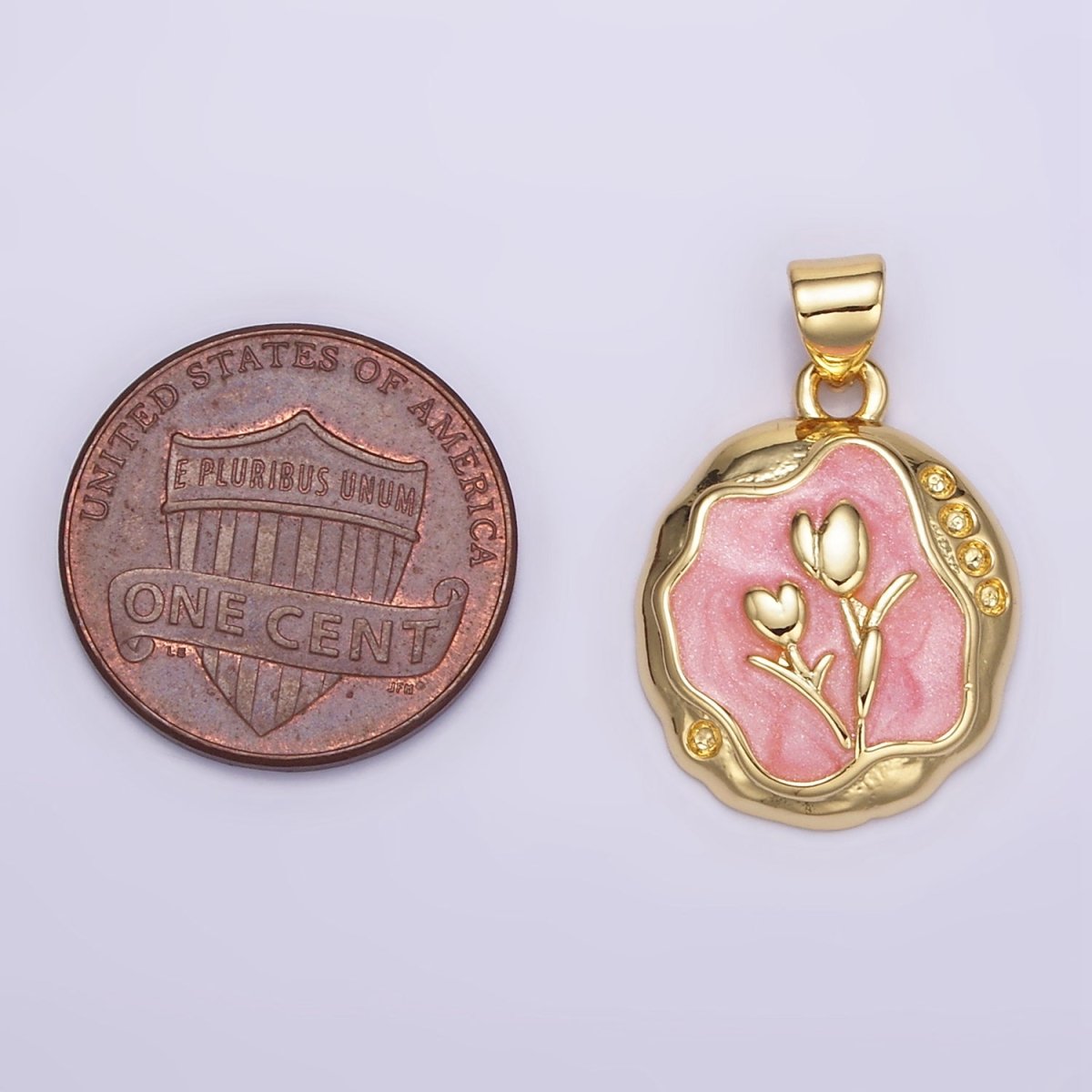 24K Gold Filled Pink, White Glitter Enamel Tulip Hammered Bezel Pendant | AA069