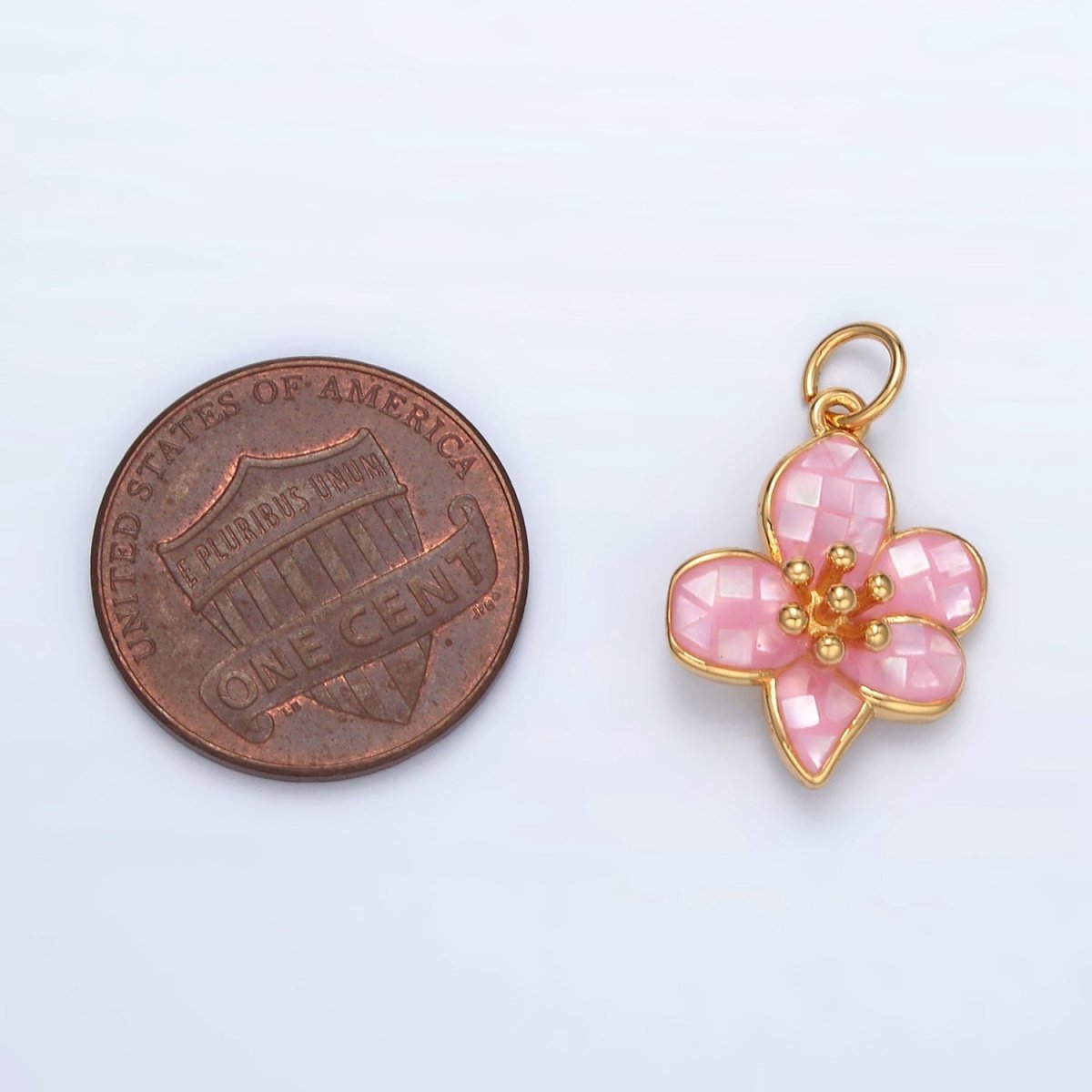 24K Gold Filled Pink, White Opal Hibiscus Flower Mini Charm | AG877