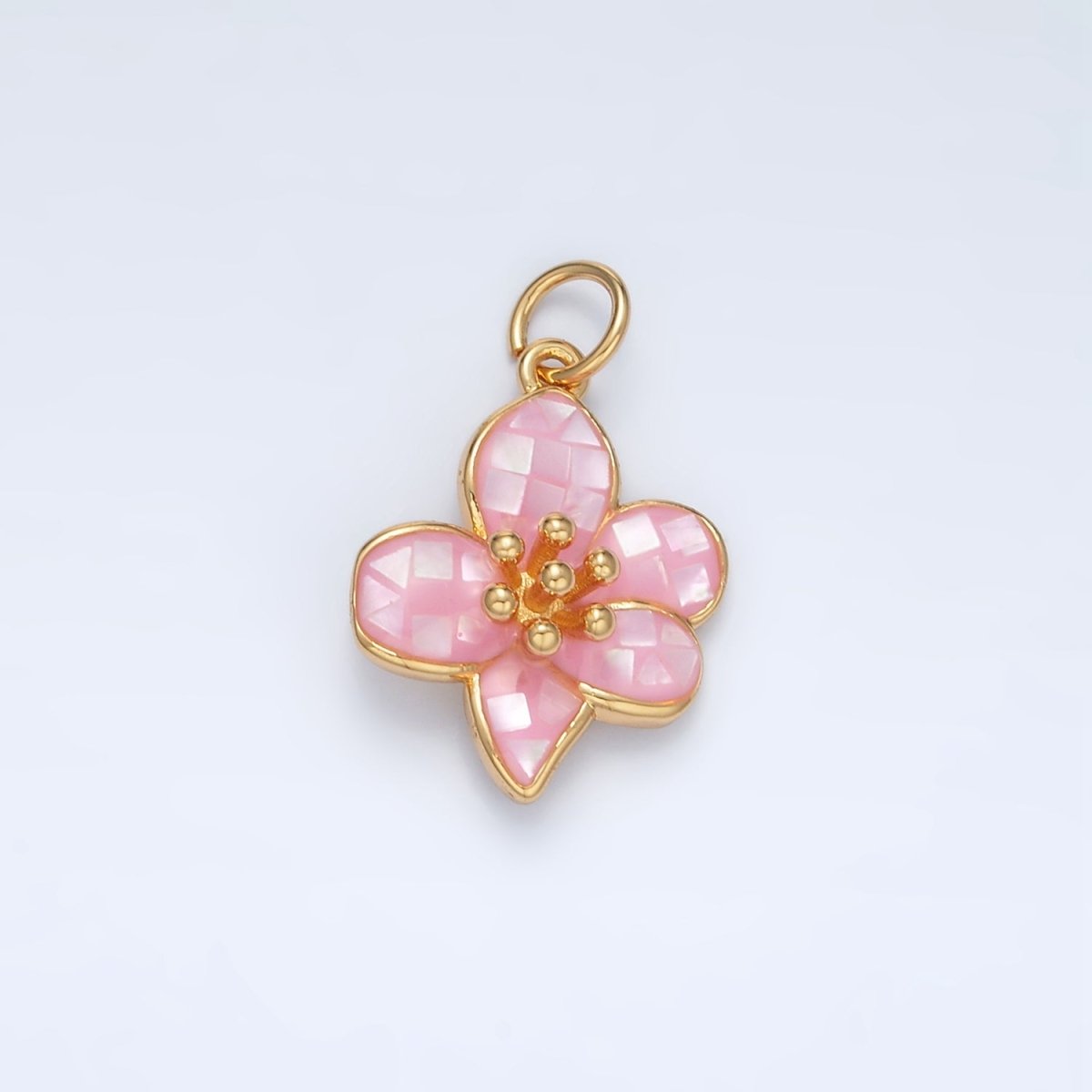 24K Gold Filled Pink, White Opal Hibiscus Flower Mini Charm | AG877