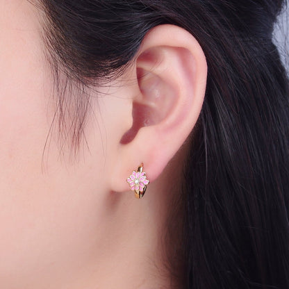 24K Gold Filled Pink/White Enamel Flower Huggie Hoops Earrings, V-421