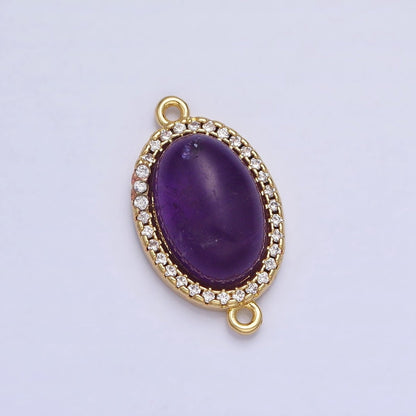 24K Gold Filled Purple Amethyst Natural Gemstone Micro Paved CZ Oval Connector | Y-795