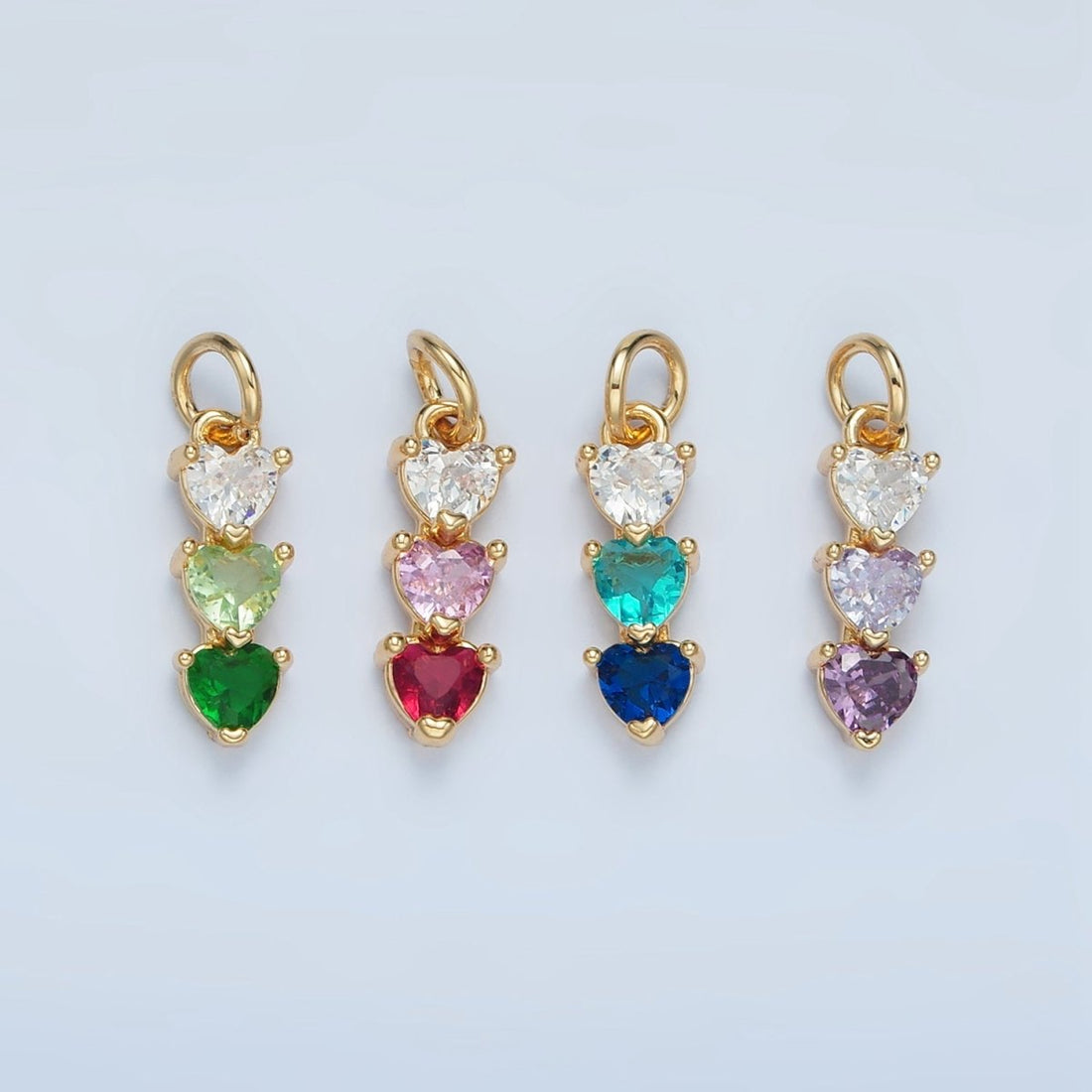 24K Gold Filled Purple, Green, Pink, Blue Gradient Triple Heart CZ Linear Charm | AG890 AG902