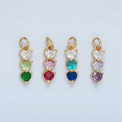 24K Gold Filled Purple, Green, Pink, Blue Gradient Triple Heart CZ Linear Charm | AG890 AG902