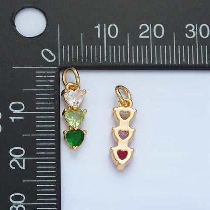 24K Gold Filled Purple, Green, Pink, Blue Gradient Triple Heart CZ Linear Charm | AG890 AG902