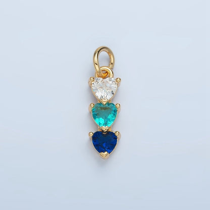24K Gold Filled Purple, Green, Pink, Blue Gradient Triple Heart CZ Linear Charm | AG890 AG902
