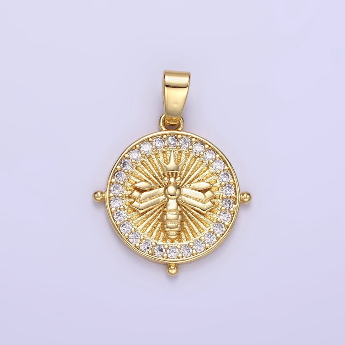 24K Gold Filled Queen Bee Sunburst Micro Paved CZ Round Pendant | AA1348