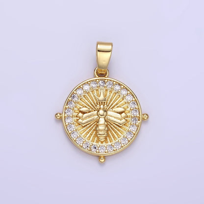 24K Gold Filled Queen Bee Sunburst Micro Paved CZ Round Pendant | AA1348