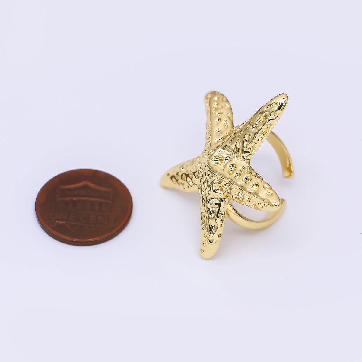 24K Gold Filled Realistic Dotted Sea Starfish Adjustable Open Ring | O1465