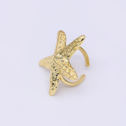 24K Gold Filled Realistic Dotted Sea Starfish Adjustable Open Ring | O1465