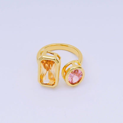 24K Gold Filled Rectangular &amp; Round CZ Yellow Pink Open Adjustable Ring | O-1452