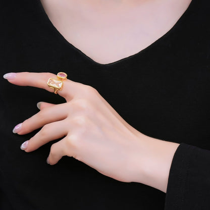 24K Gold Filled Rectangular &amp; Round CZ Yellow Pink Open Adjustable Ring | O-1452