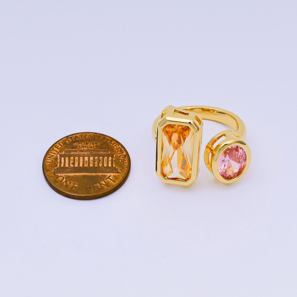 24K Gold Filled Rectangular &amp; Round CZ Yellow Pink Open Adjustable Ring | O-1452