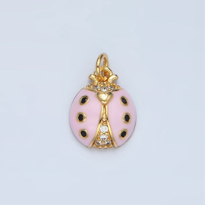 24K Gold Filled Red and Pink Enamel CZ Micro Paved Ladybug Insect Animal Charm | AG-622