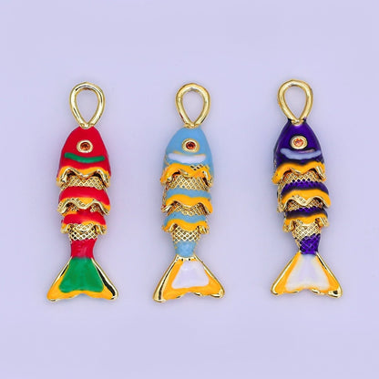 24K Gold Filled Red, Blue Enamel Fish 3D Multidimensional Charm | AH492 AH493