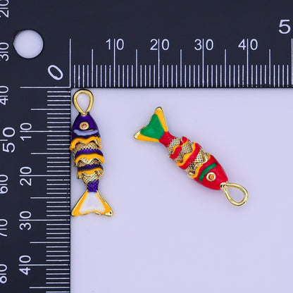 24K Gold Filled Red, Blue Enamel Fish 3D Multidimensional Charm | AH492 AH493