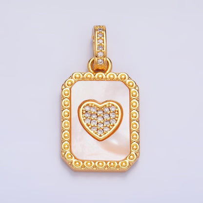 24K Gold Filled Red Carnelian, Shell Pearl Heart  Micro Paved Snap Bail Pendant | AA1056