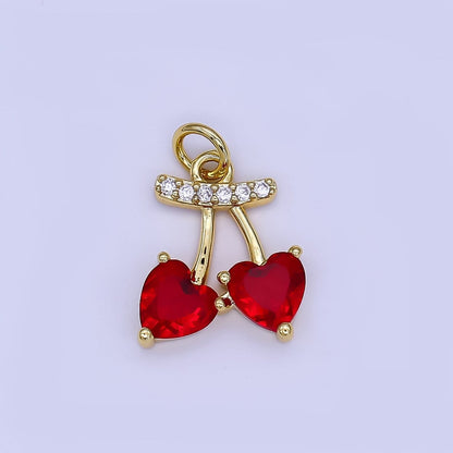 24K Gold Filled Red Cherry Heart Micro Paved CZ Charm | AF500