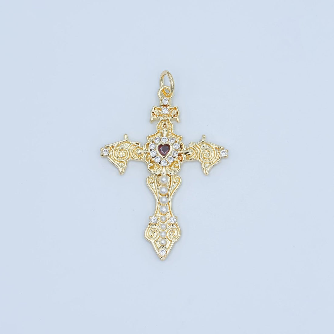 24K Gold Filled Red CZ Heart Shell Pearl Passion Cross Charm | N032