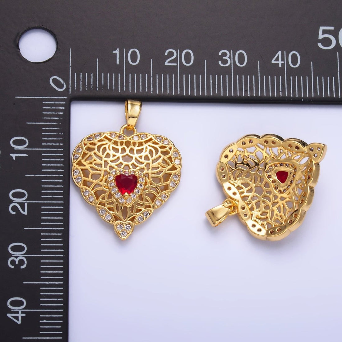 24K Gold Filled Red CZ Micro Paved CZ Filigree Heart Pendant | AA1423