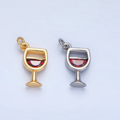 24K Gold Filled 14mm Red CZ Red Wine Alcoholic Drink Charm in Gold &amp; Silver | W080