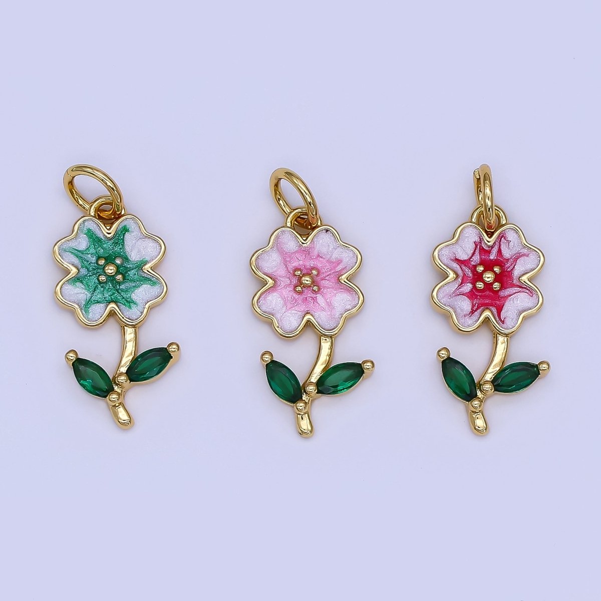 24K Gold Filled Red, Green, Pink Enamel Daisy Flower Charm | AF506 - AF507