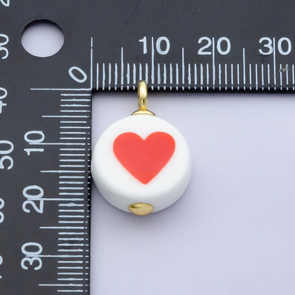 24K Gold Filled Red Heart White Round Ceramic Drop Pendant | N088