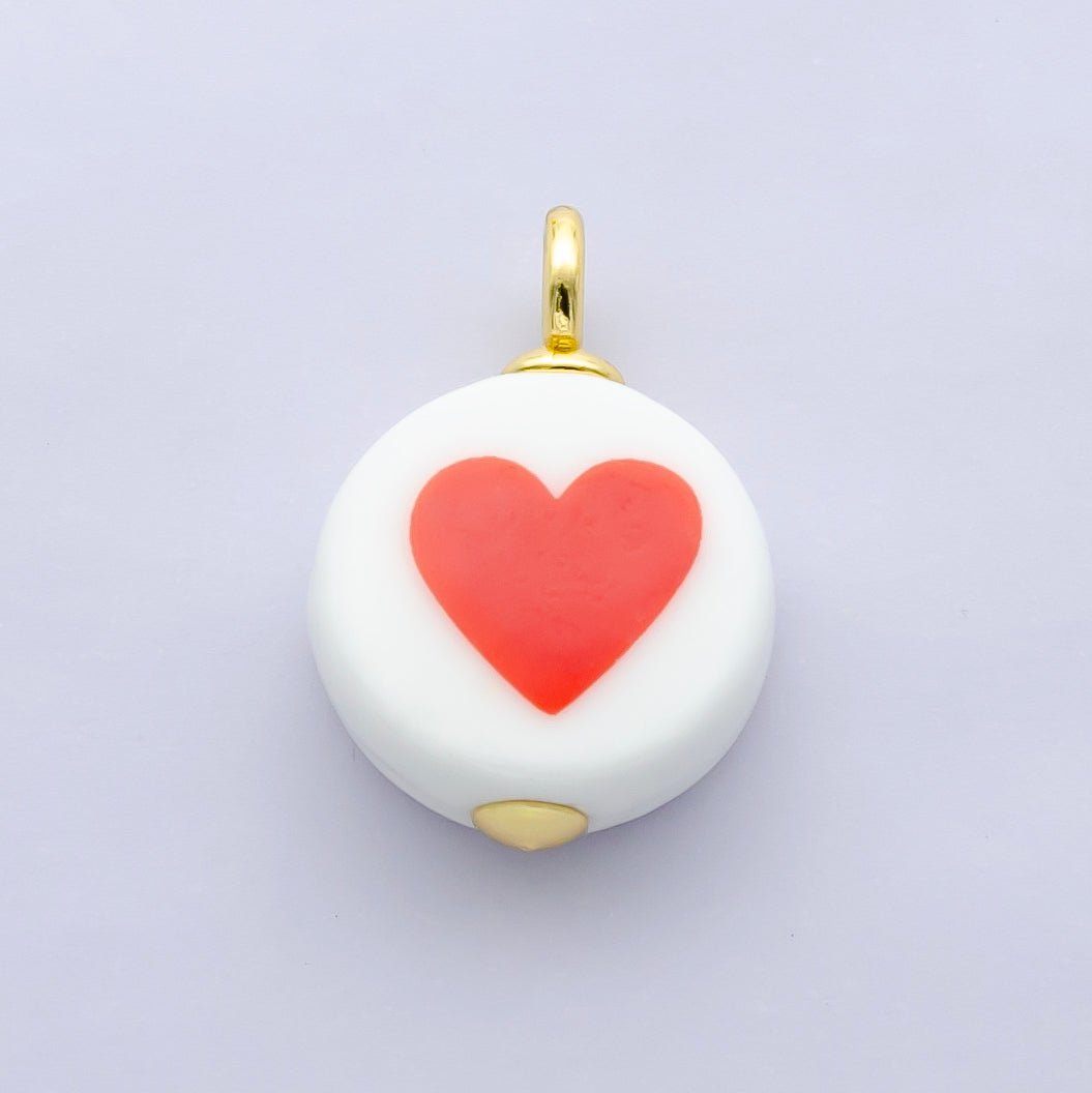 24K Gold Filled Red Heart White Round Ceramic Drop Pendant | N088