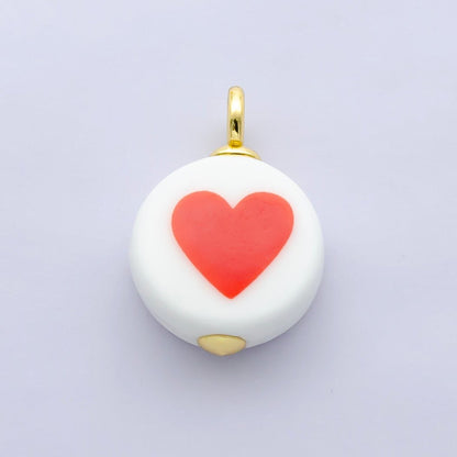 24K Gold Filled Red Heart White Round Ceramic Drop Pendant | N088