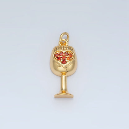 24K Gold Filled Red Micro Paved CZ Heart Wine Glass Alcohol Drink Charm | AG906