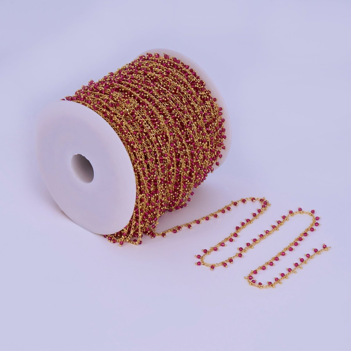 24K Gold Filled Red Multifaceted Crystal Drop Link Unfinished Chain by Yard | Roll-1667