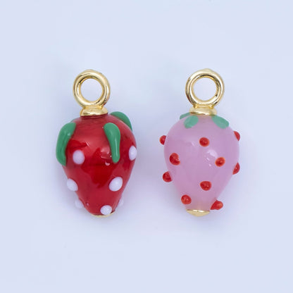 24K Gold Filled Red Pink Ceramic Strawberry Charm Fruit Pendant | AJ368