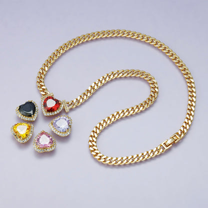 24K Gold Filled Red, Pink, Clear, Yellow, Green Heart CZ Micro Paved Curb Chain 18 Inch Necklace | WA-04190