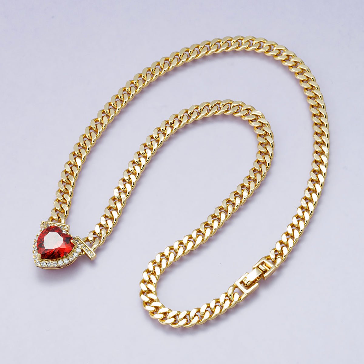 24K Gold Filled Red, Pink, Clear, Yellow, Green Heart CZ Micro Paved Curb Chain 18 Inch Necklace | WA-04190