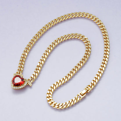 24K Gold Filled Red, Pink, Clear, Yellow, Green Heart CZ Micro Paved Curb Chain 18 Inch Necklace | WA-04190