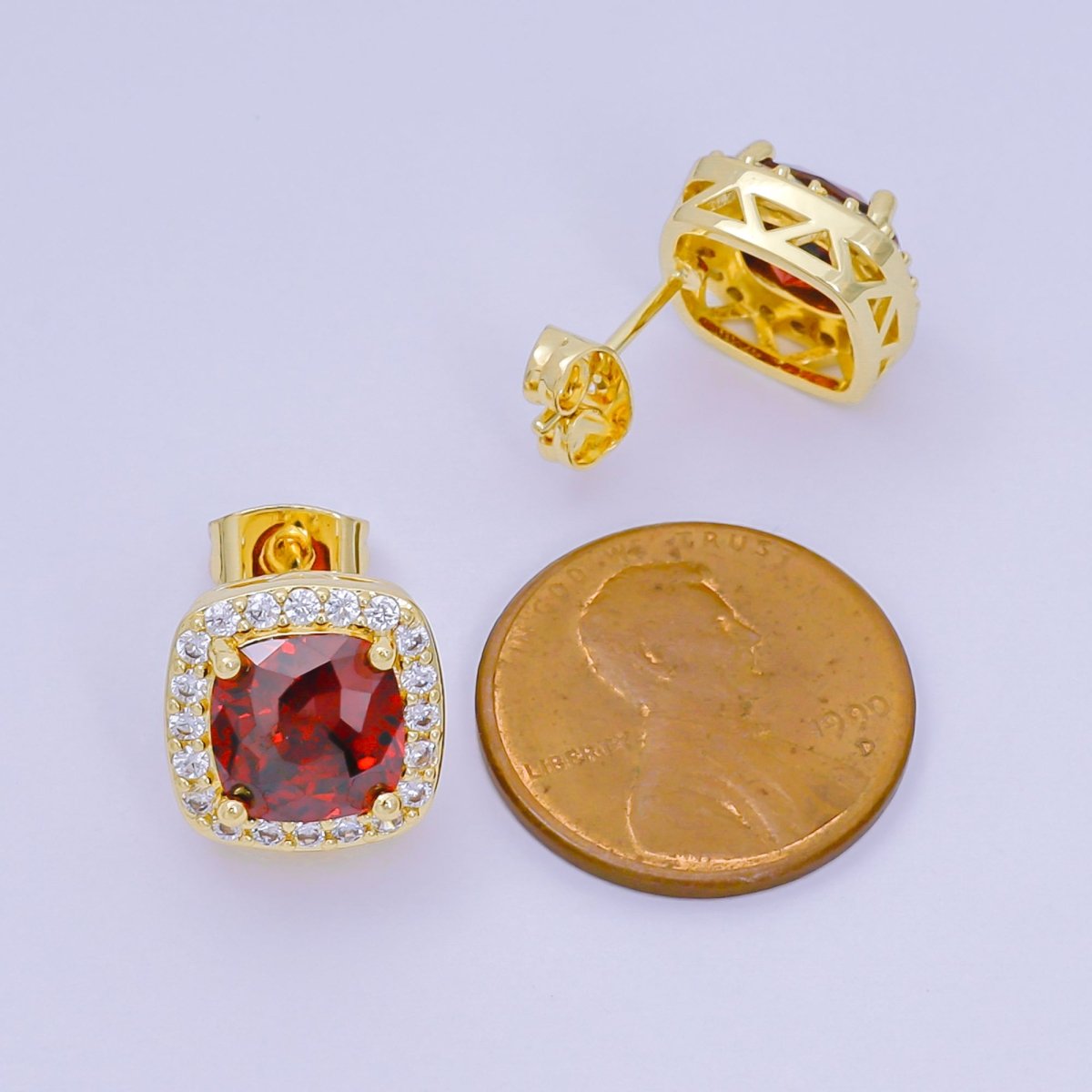 24K Gold Filled Red Square-Shaped &amp; Micro Paved CZ Curvy Square Stud Earrings | AJ-120